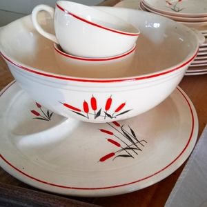 Vintage 18 piece 1934 CattailsbPatern dishset with original 1934 framed advertis